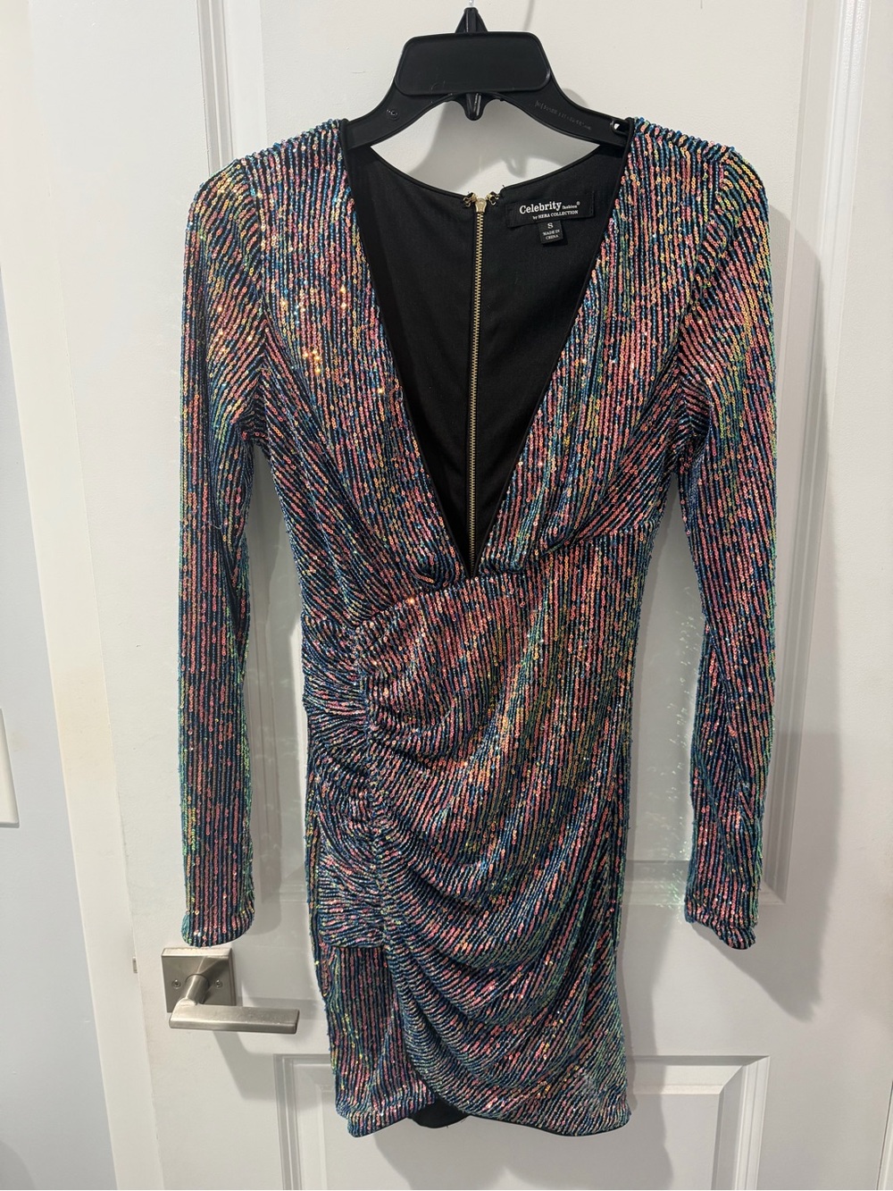 Celebrity Pink and Blue Multicolor Sparkle Ruched V-Neck Long Sleeve Dress